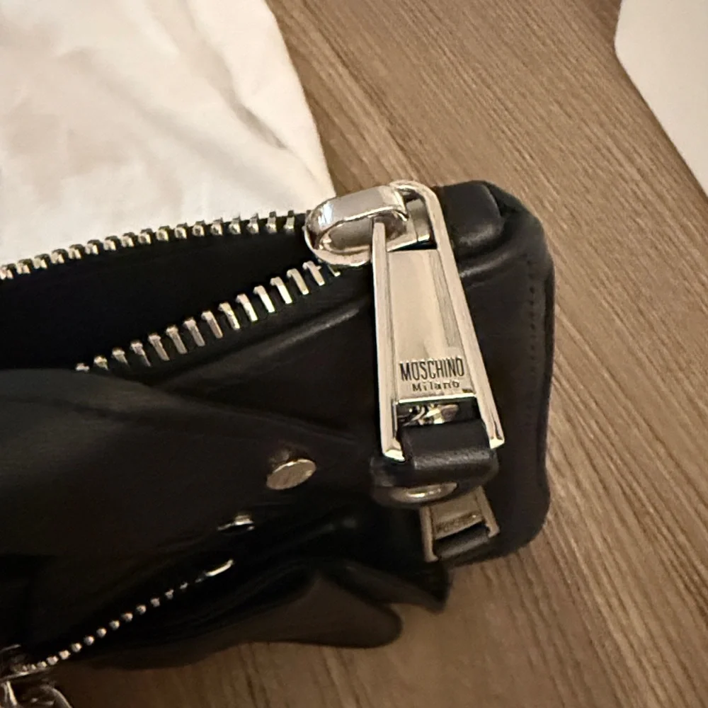 Moschino black leather biker bag clutch with silver hardware